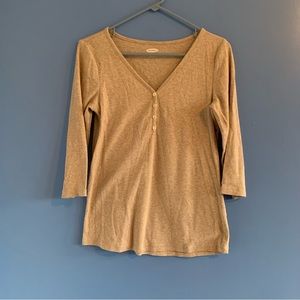 Oatmeal Cream Tan Ribbed Henley 3/4 Sleeve V-Neck Fitted Top